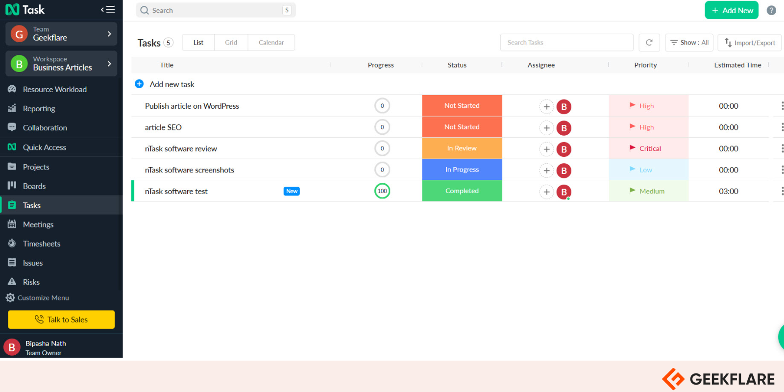 nTask interface